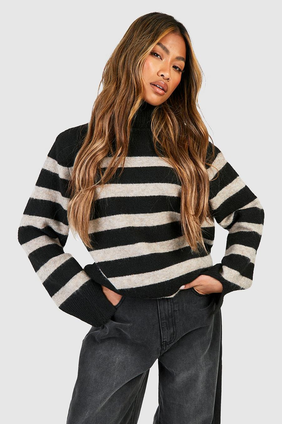 Black Turtleneck Oversized Stripe Sweater image number 1