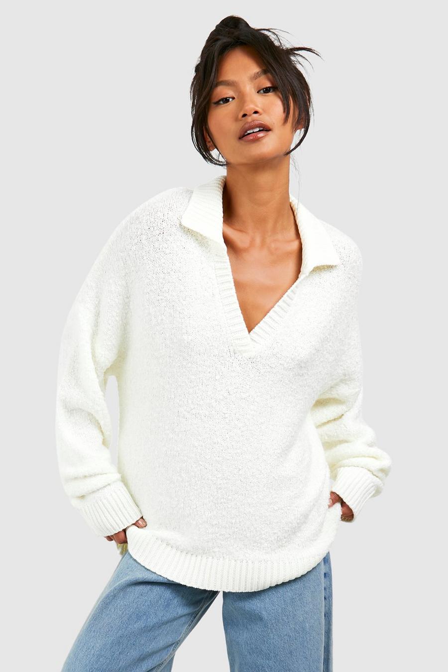 White Boucle Polo Collar Sweater
