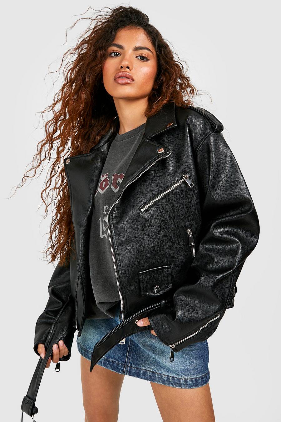 Black Petite Faux Leather Oversized Biker Legeres Jacket image number 1