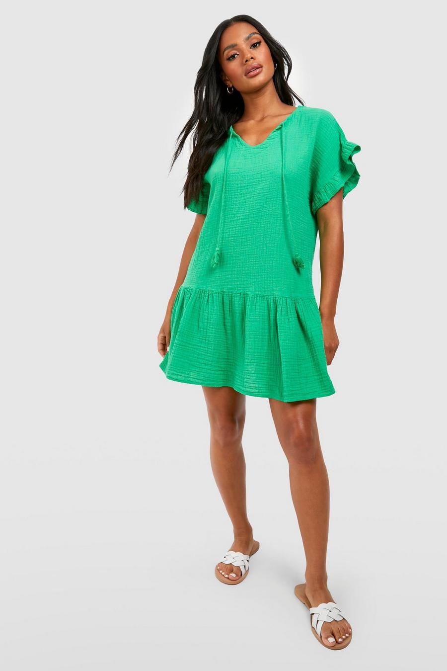 Green Crinkle Textured Angel Sleeve Smock Dress