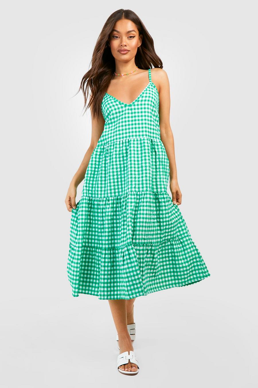 Green Gingham Crinkle Strappy Midi Dress