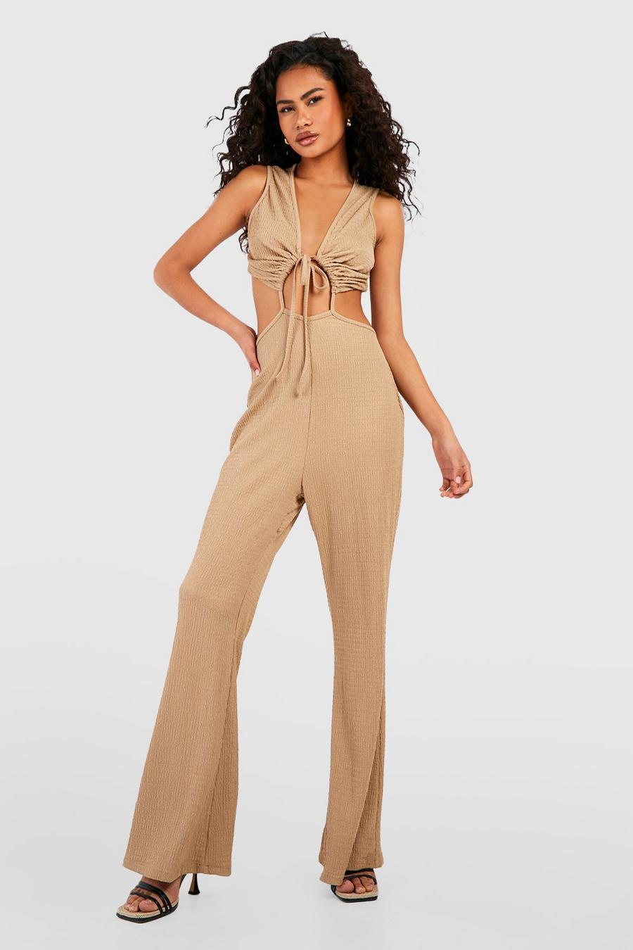 Stone Crinkle Cut Out Wide Leg Jumpsuit image number 1