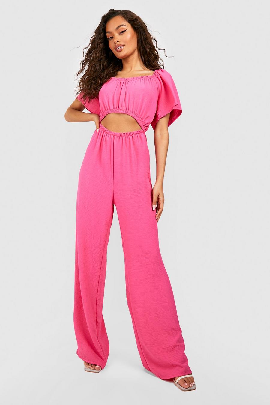 Hot pink Kortärmad jumpsuit med cut-outs och vida ben