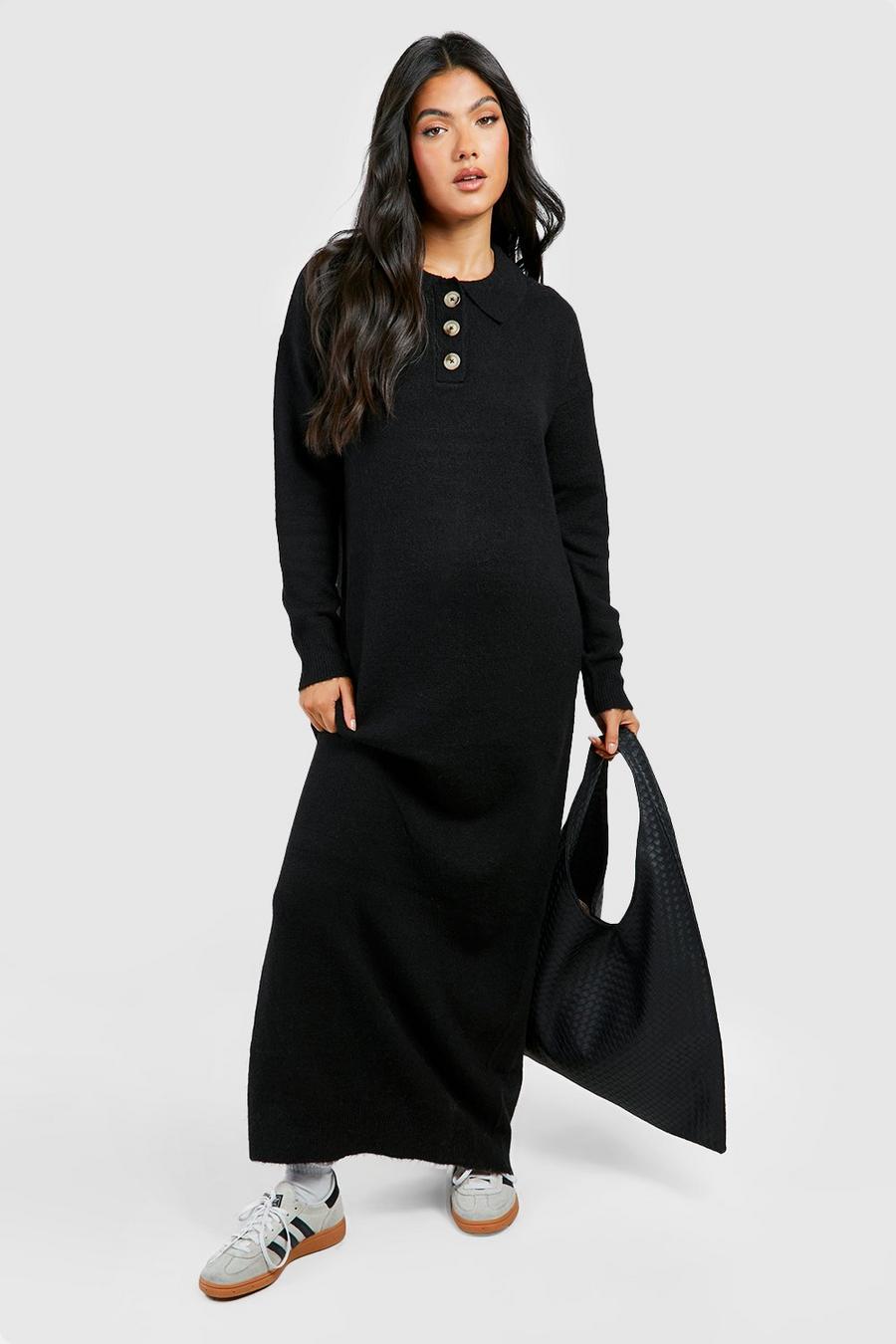 Black Maternity Polo Button Collar Knitted Maxi Dress