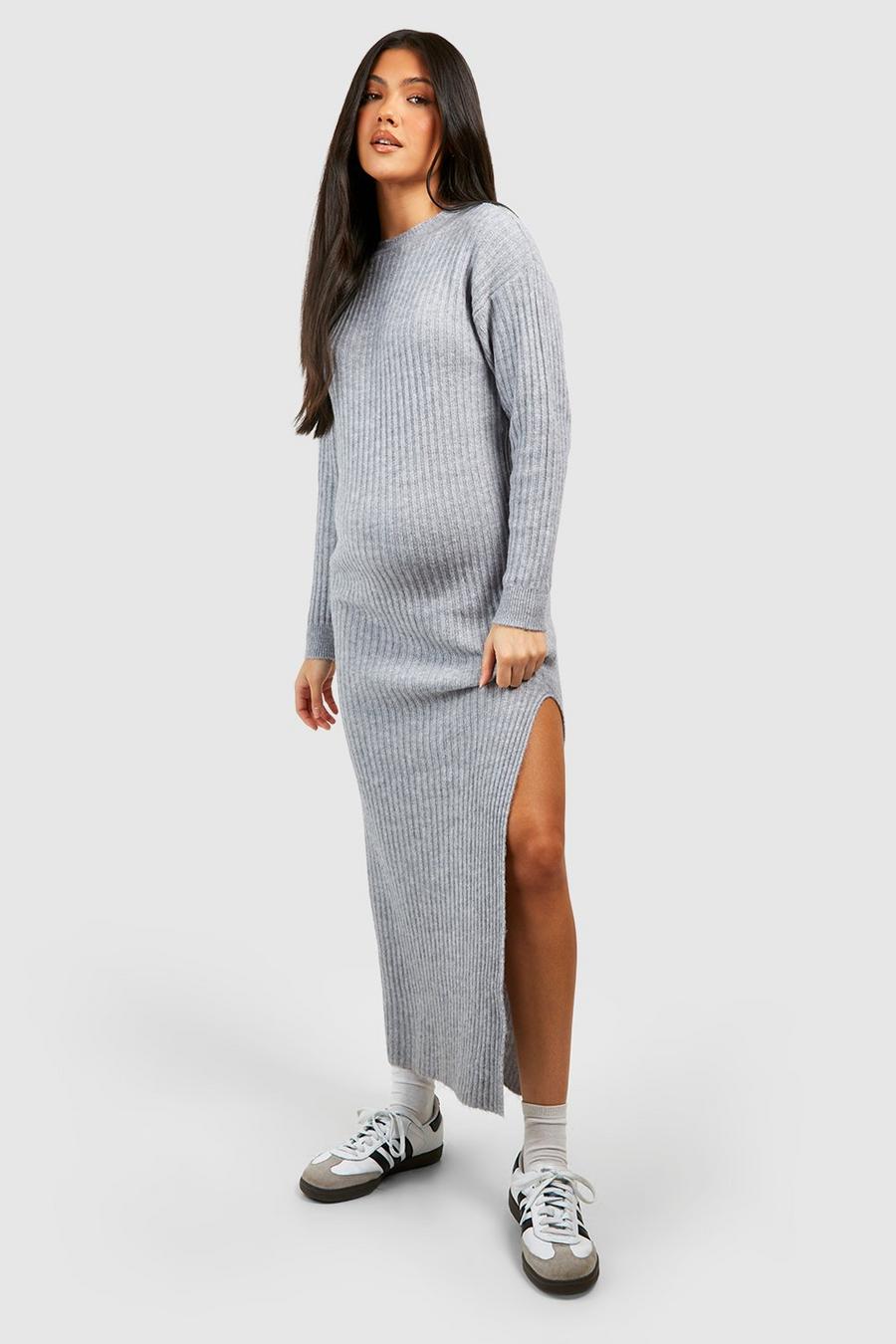 Grey Maternity Soft Rib Midaxi Knitted Dress