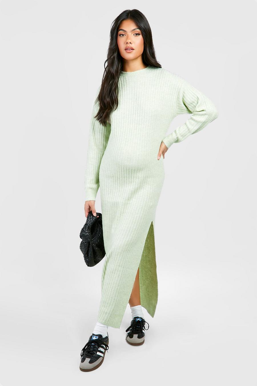 Khaki Maternity Soft Rib Midi Knitted Dress