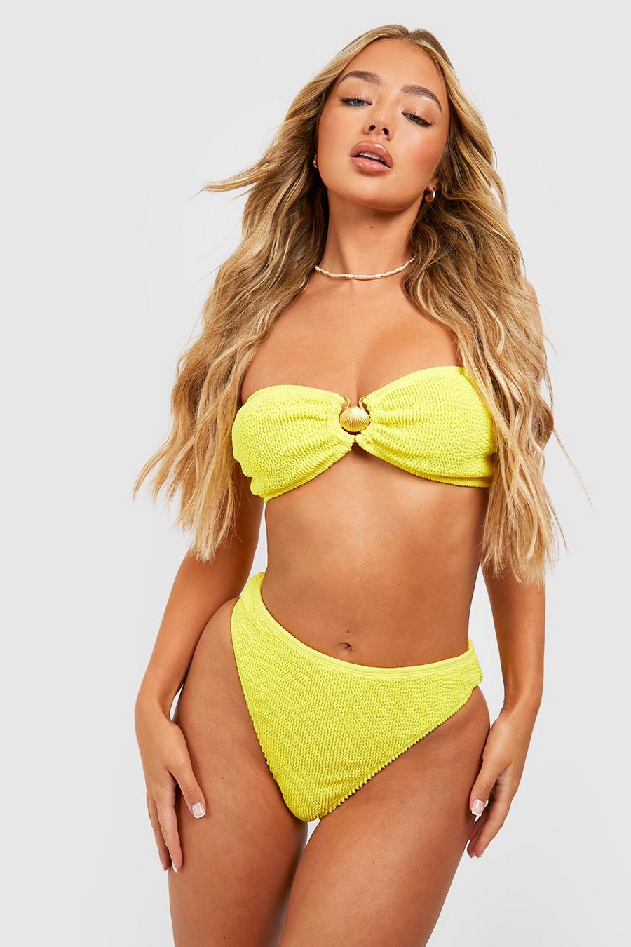 Yellow Hoog Uitgesneden Soft-Shell Gekreukelde Bandeau Bikini Set