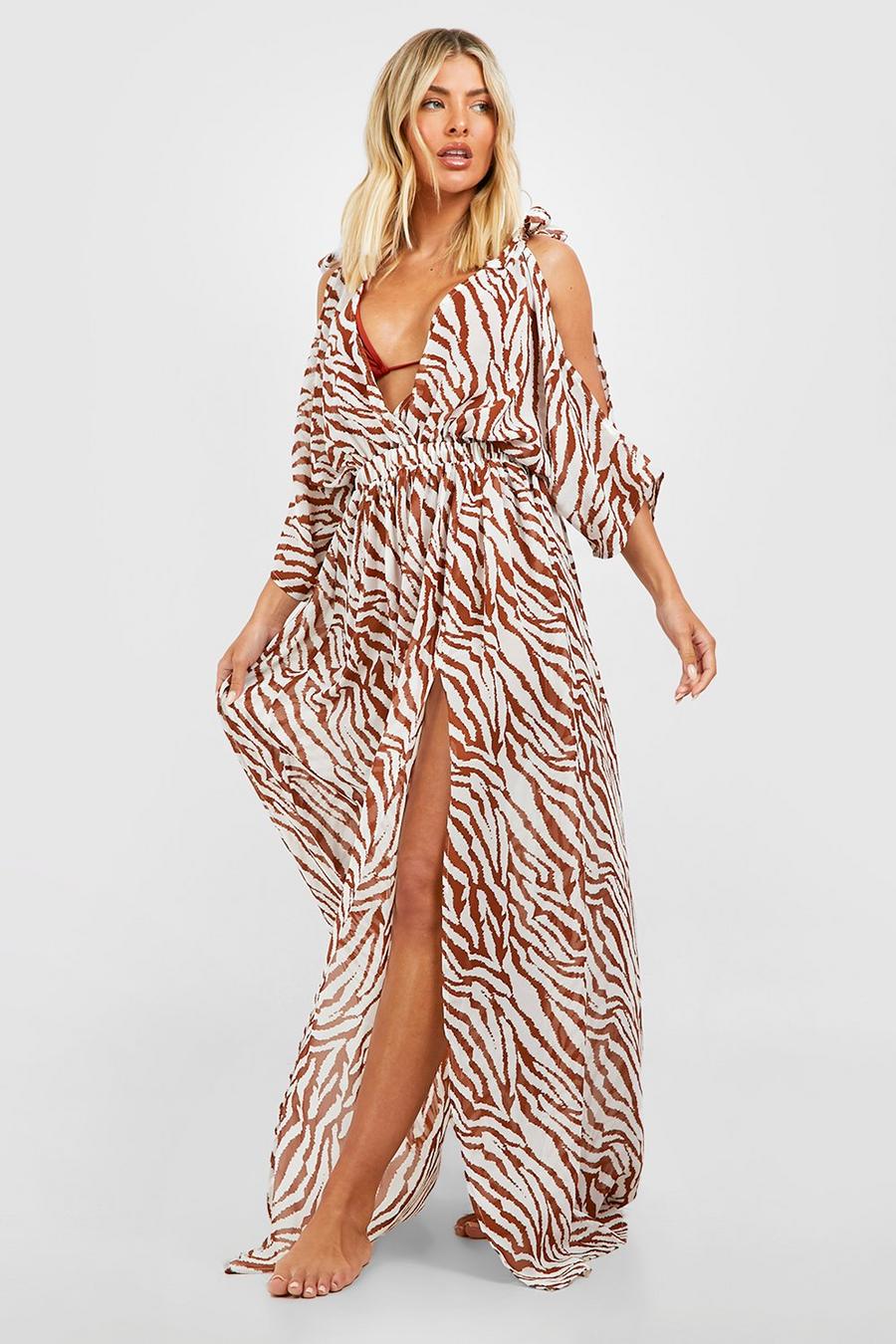 Cream Tiger Cold Shoulder Cut Out Beach Maxi Dress image number 1