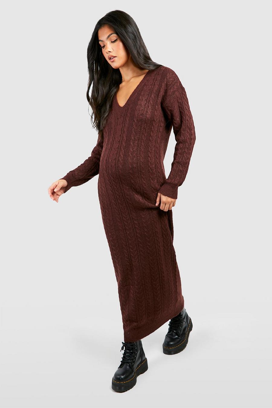 Chocolate Maternity Cable Knit V Neck Midi Sweater Dress