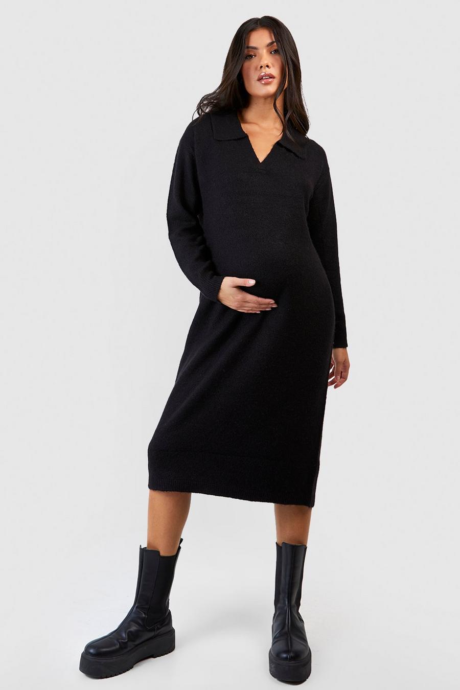 Black Maternity Soft Knit Collared Sweater Midi Dress