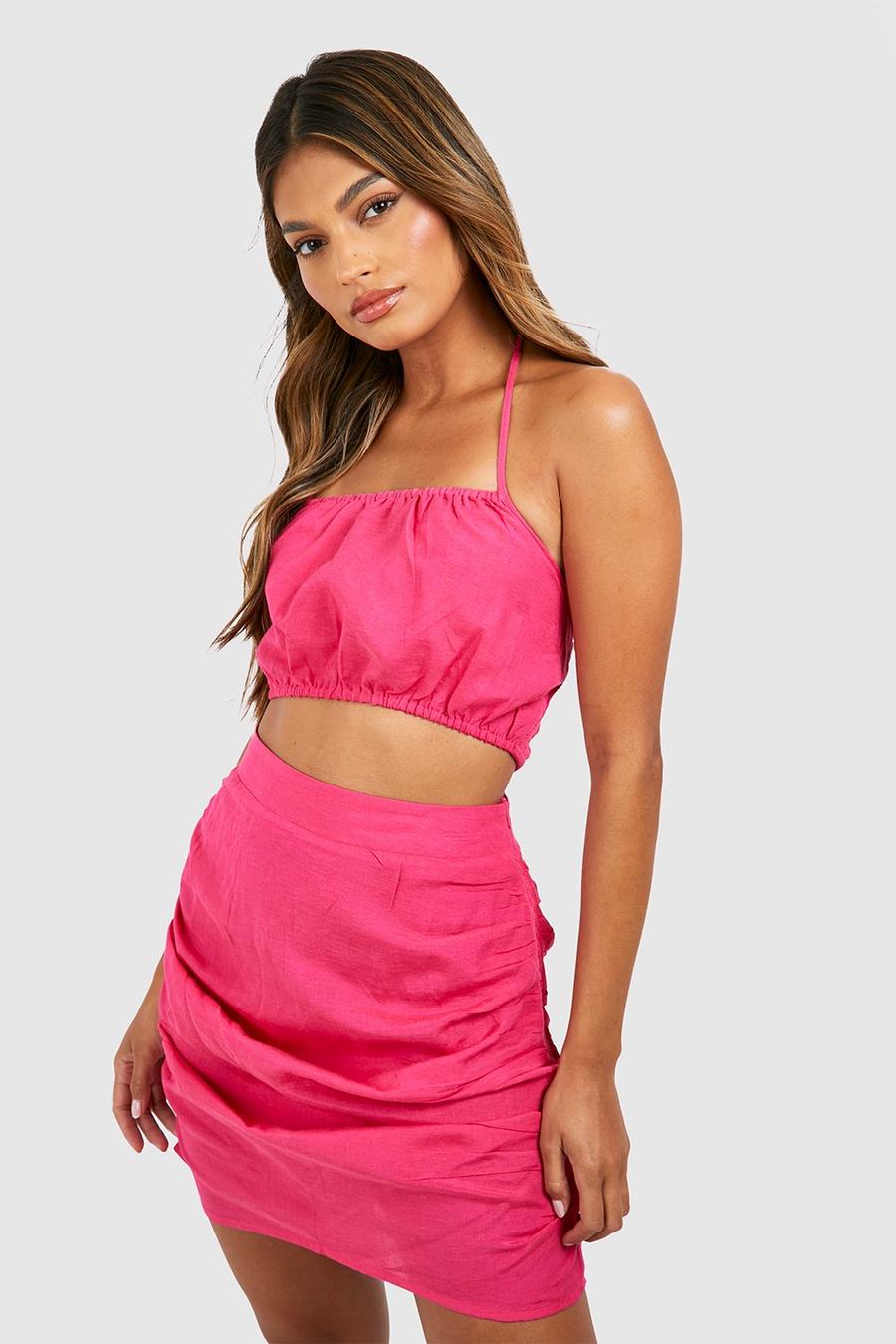 Minifalda y bralette de lino fruncido con escote halter, Hot pink