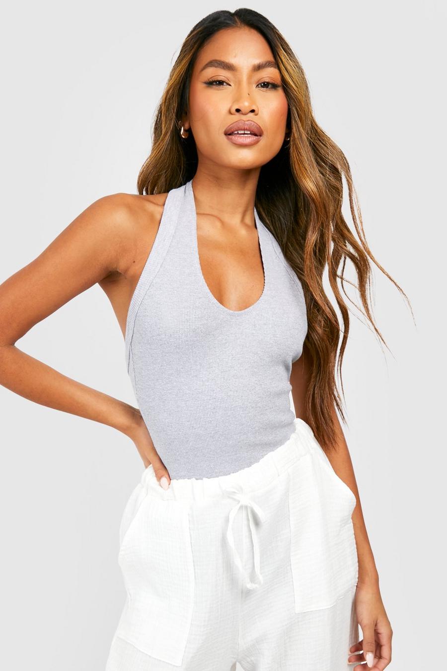 Grey marl Thick Binding Halter Neck Rib Tank