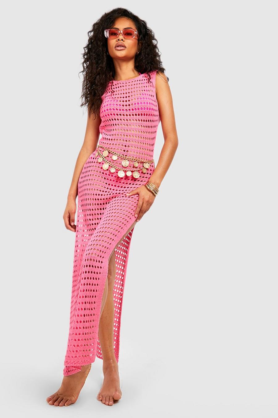 Gehäkeltes Maxi-Strandkleid mit tiefem Rückenausschnitt, Pink