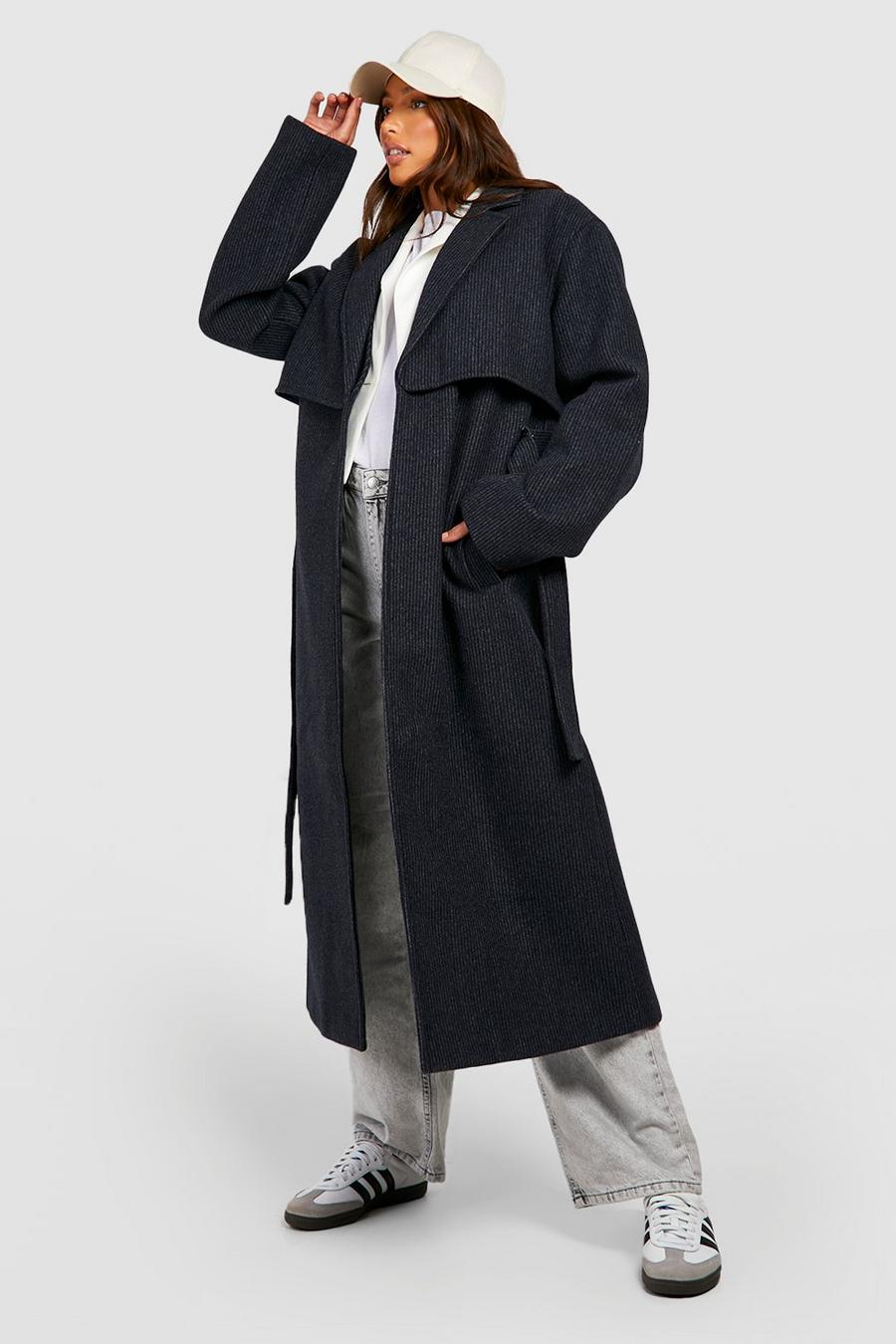 Cappotto Trench Tall in lana a righe verticali con cintura, Navy