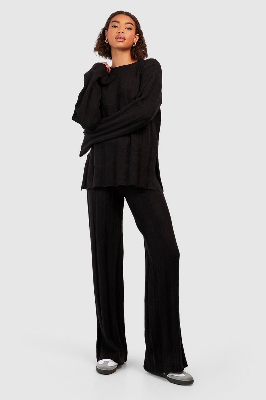 Conjunto coordinado Tall de punto suave con pantalón de campana y jersey de canalé ancho, Black image number 1
