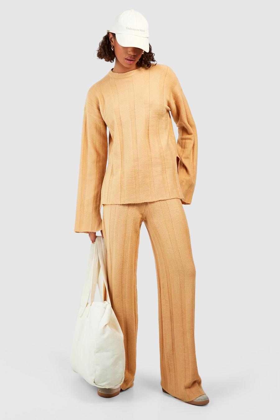 Maglione Tall in maglia morbida a coste ampie & pantaloni a zampa coordinati in maglia, Camel