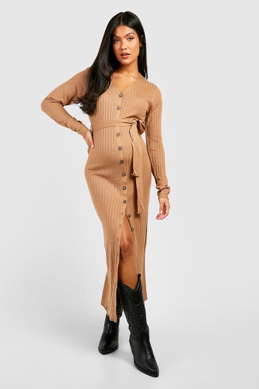 Taupe Maternity Button Down Knitted Midaxi Dress