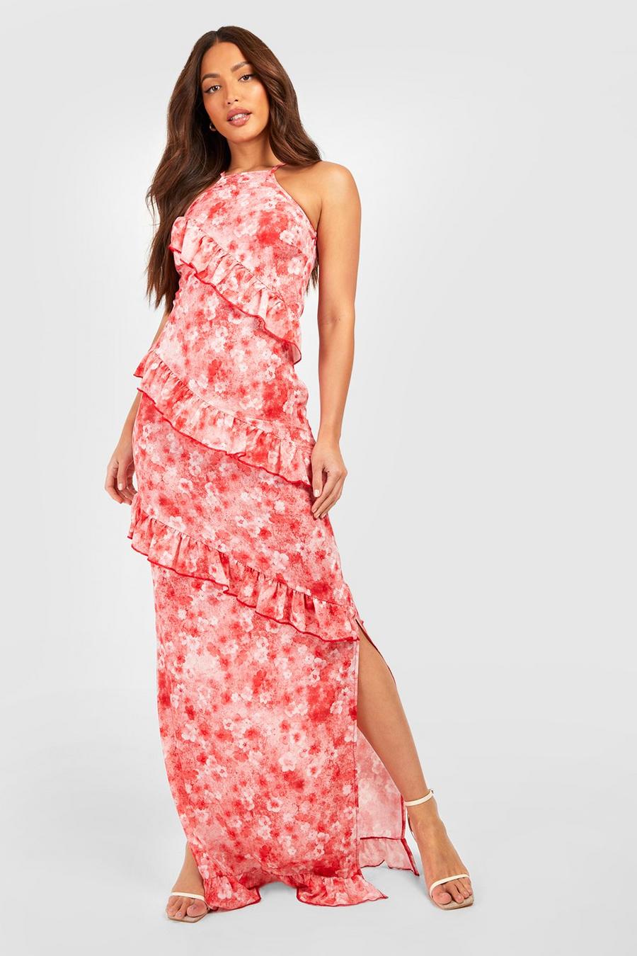 Pink Tall Blurred Ditsy Floral Halter Neck Ruffle Maxi Dress