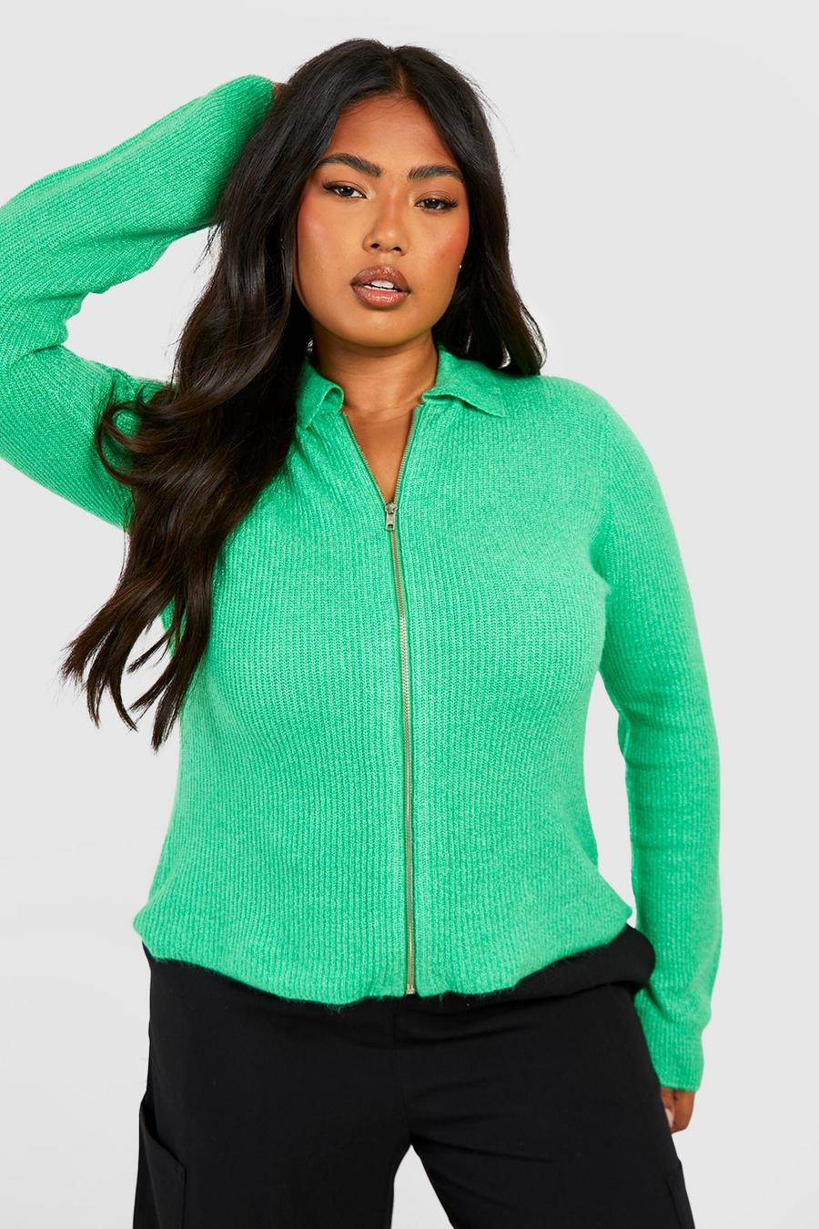 Cardigan Plus Size in maglia morbida con colletto e zip, Green
