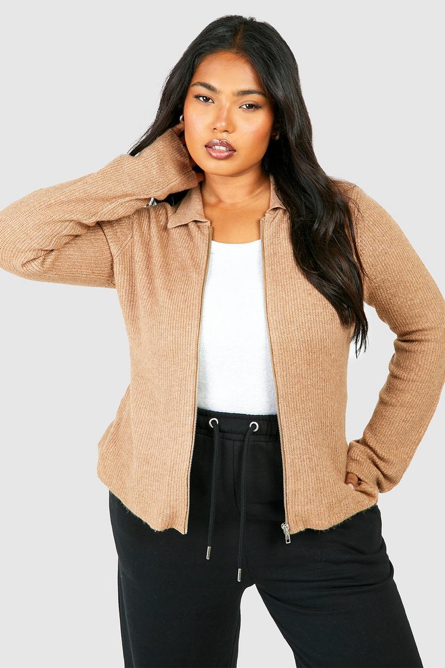 Taupe Plus Collared Soft Knit Zip Cardigan 