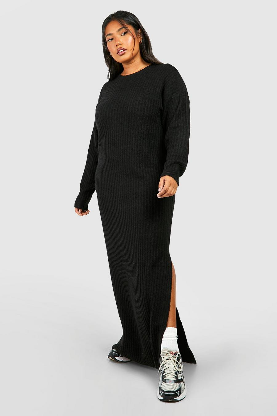 Vestito longuette Plus Size a girocollo in maglia morbida, Black