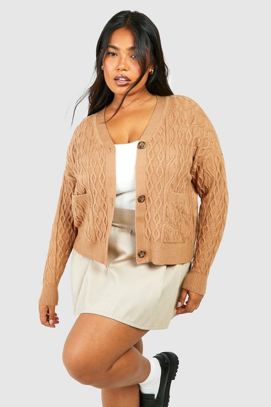 Taupe Plus Cable Knitted Boxy Cardigan