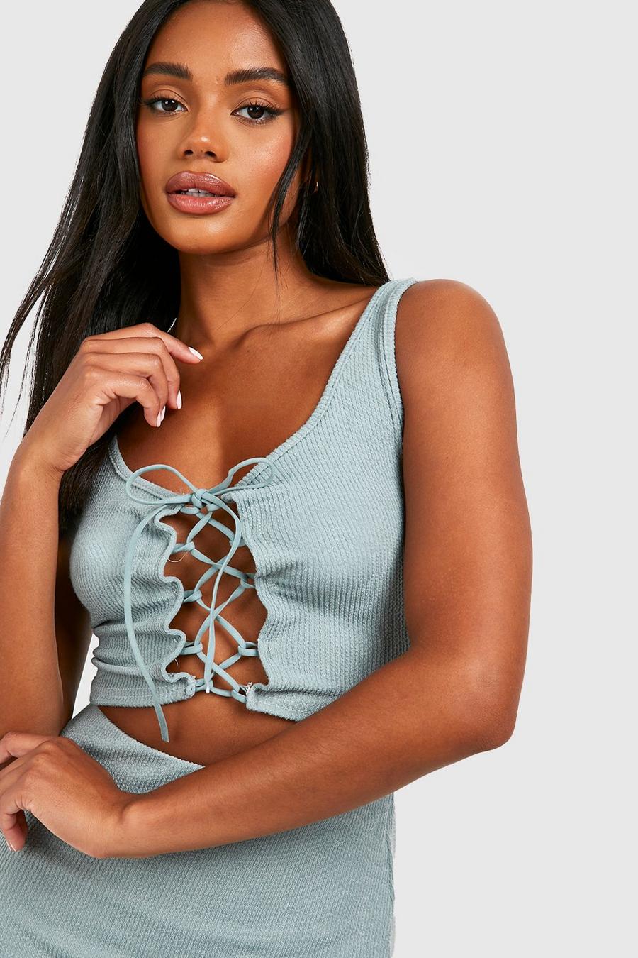 Sage Ribbed Lace Up Corset Top
