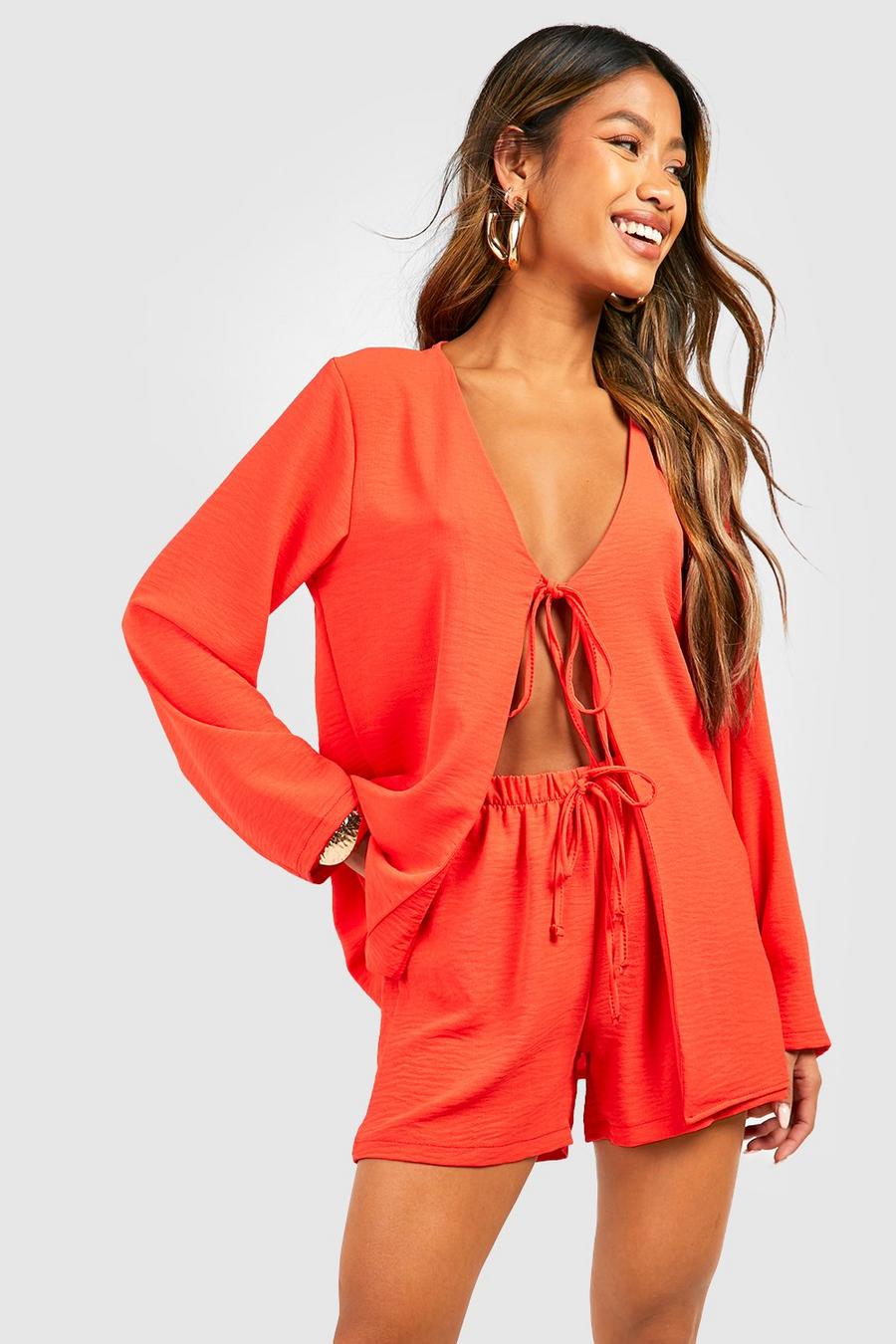 Red orange Hammered Tie Front Blouse & Relaxed Fit Shorts image number 1
