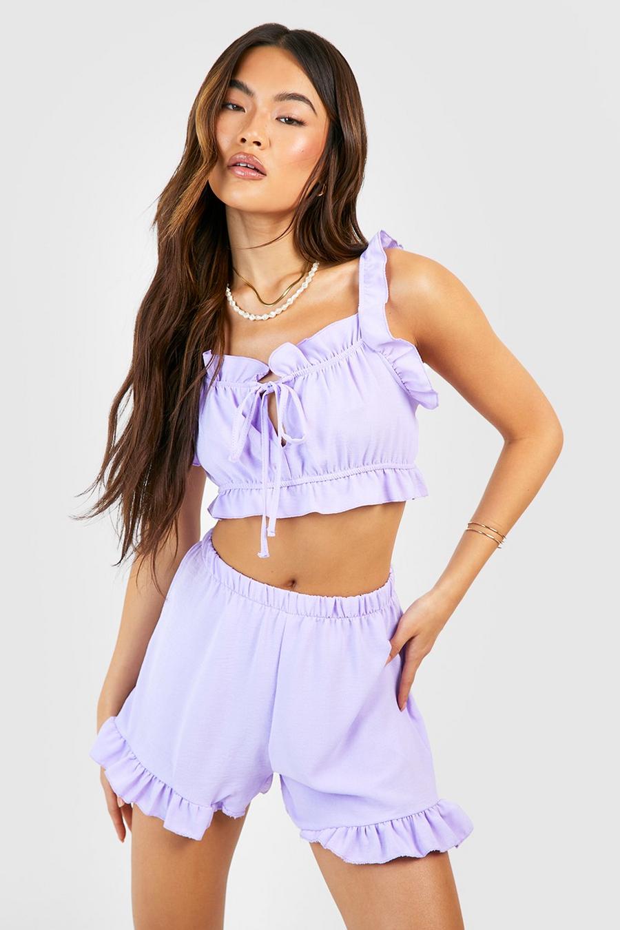 Lilac Hammered Tie Front Crop & Ruffle Shorts