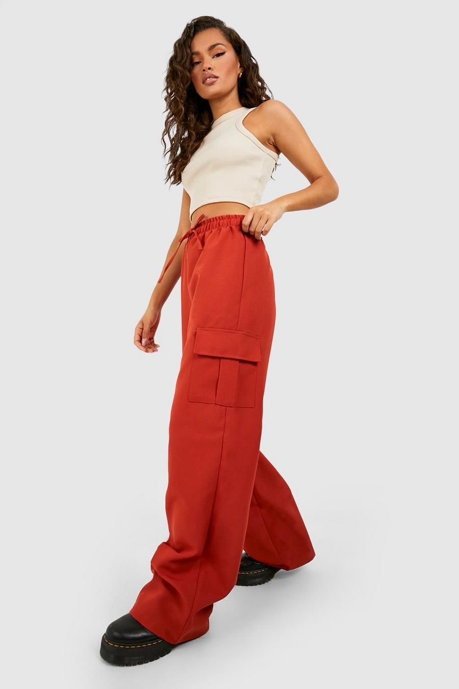 Rust High Waisted Straight Fit Cargo Pants