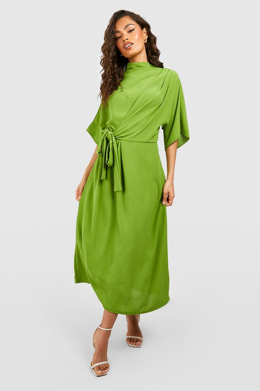 Olive Hammered Tie Front Cowl Neck Midi Dress
