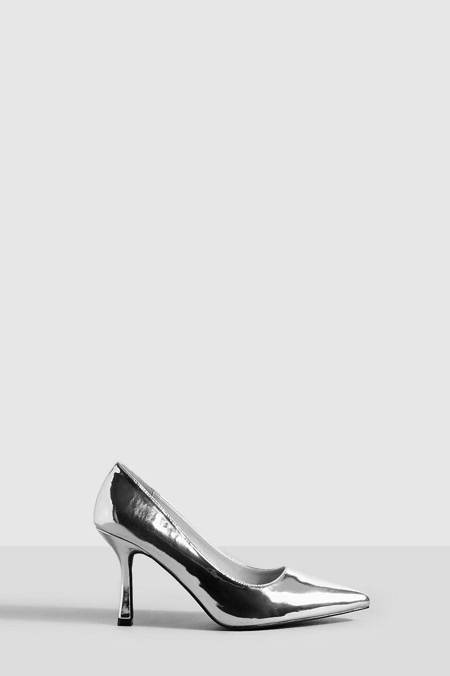 Silver Wide Fit Metallic Low Stiletto Court Shoe  image number 1