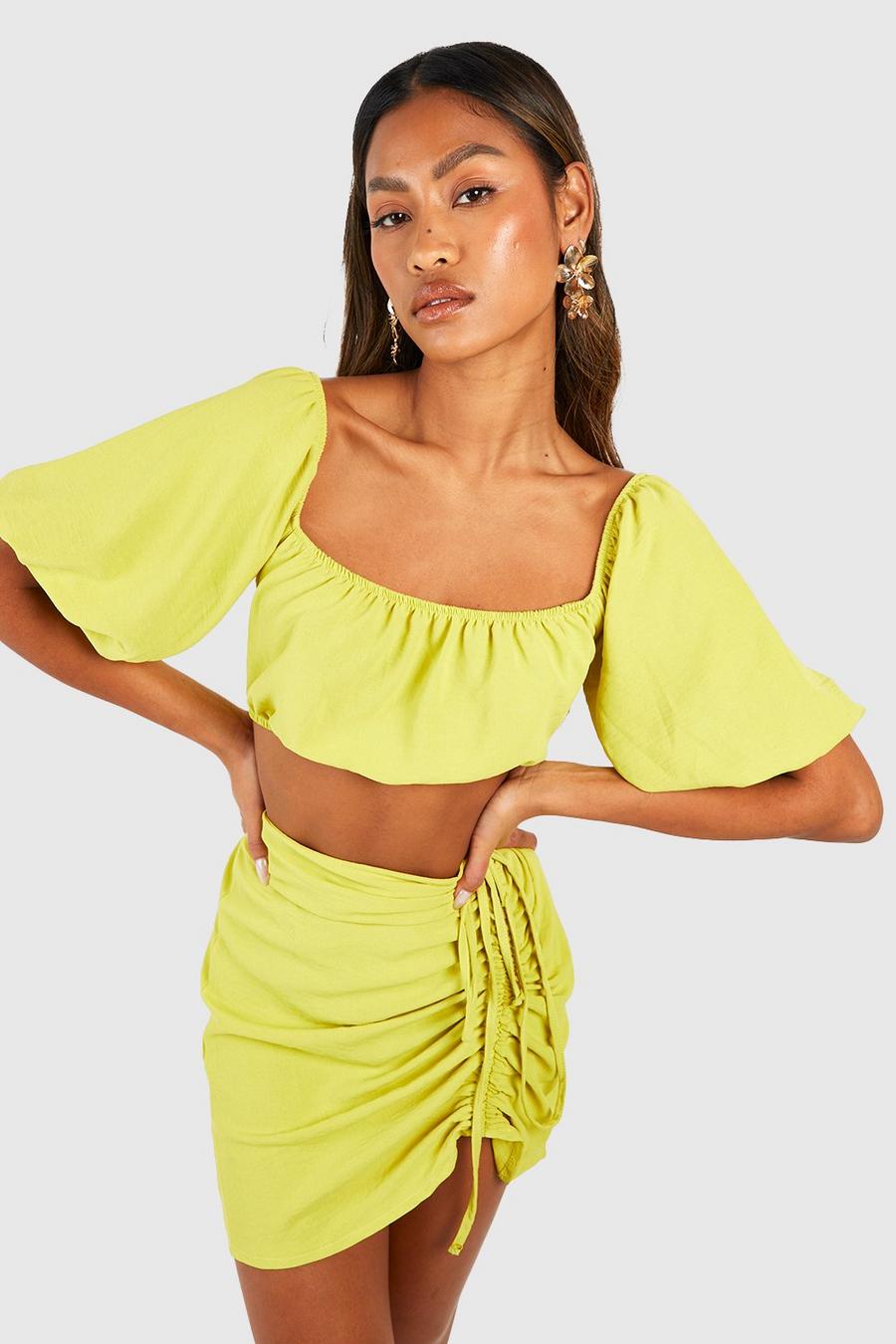 Lime Hammered Off The Shoulder Crop & Ruched Mini Skirt