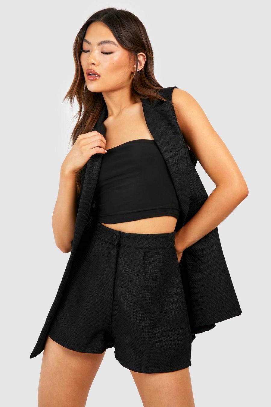 Black Textured Pleat Front Tailored Shorts