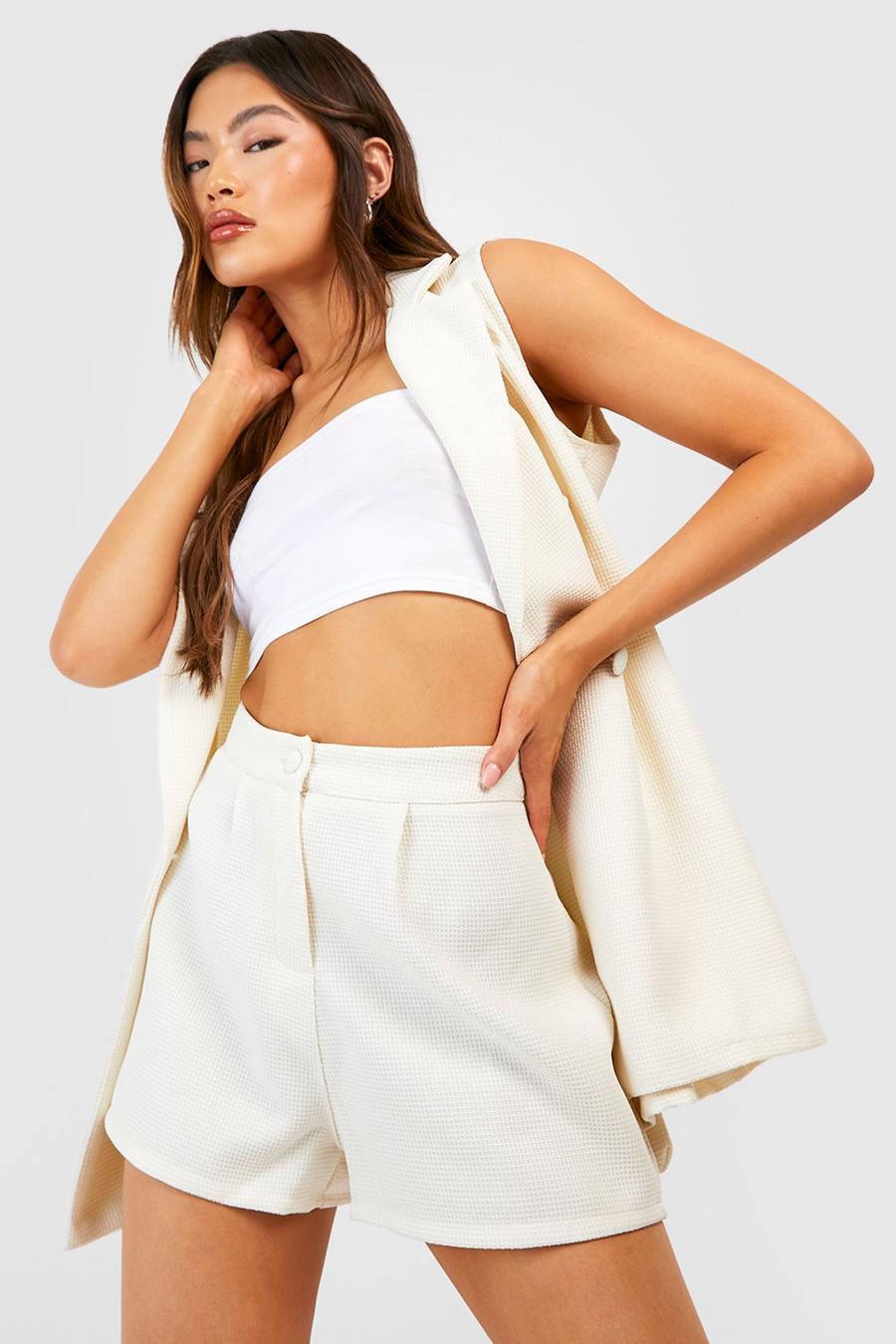 Ivory Textured Pleat Front Tailored Shorts