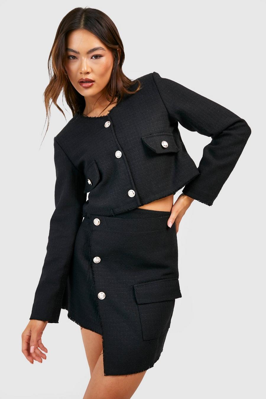 Black Tweed Button Front Frayed Edge Asymmetric Mini Skirt