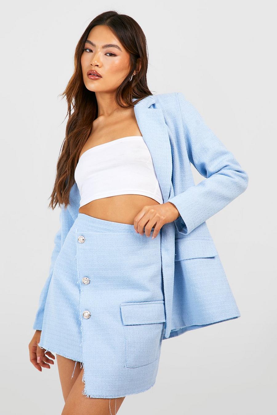 Powder blue Tweed Button Front Frayed Edge Asymmetric Mini Skirt