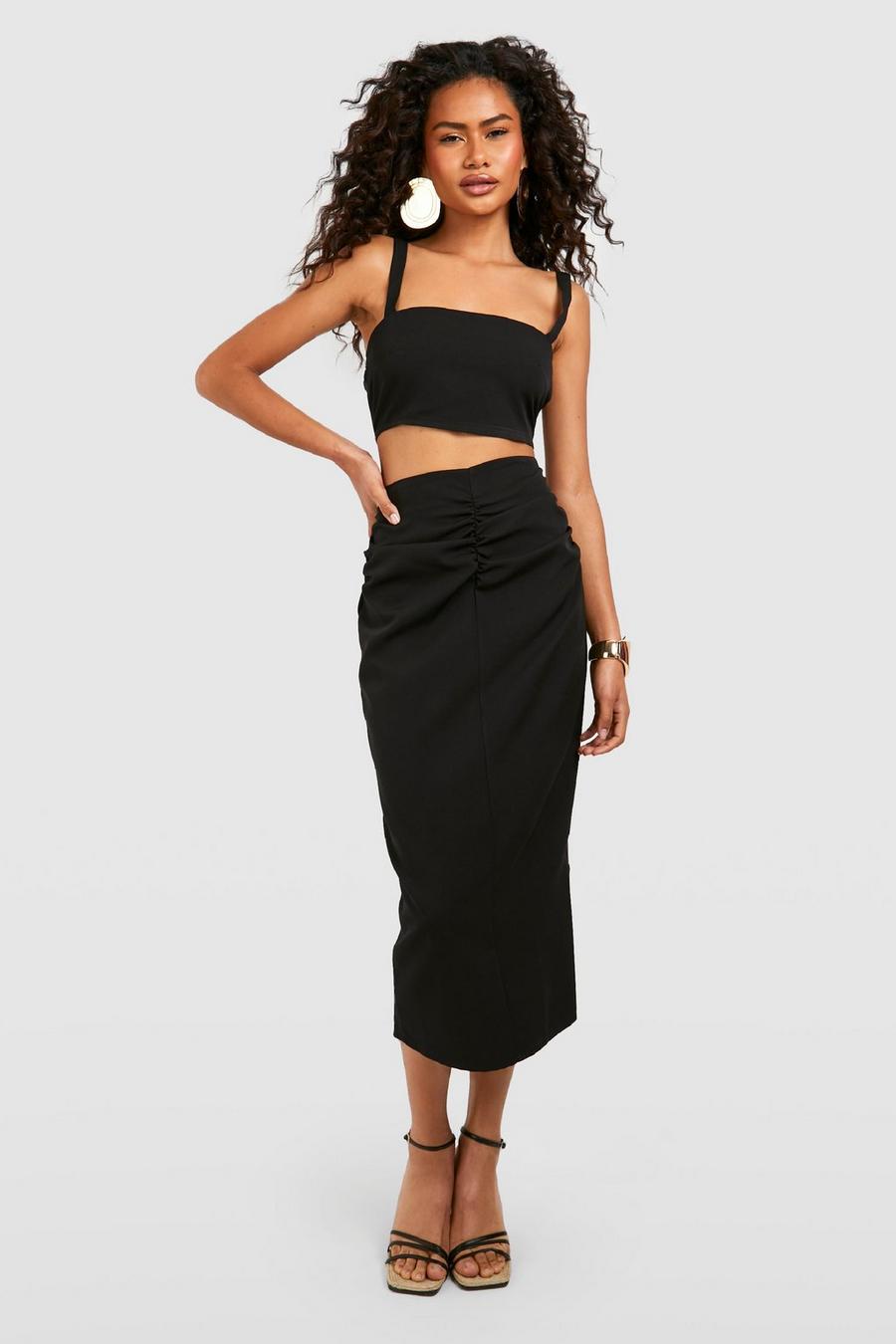 Black Ruched Front Tailored Midaxi Skirt