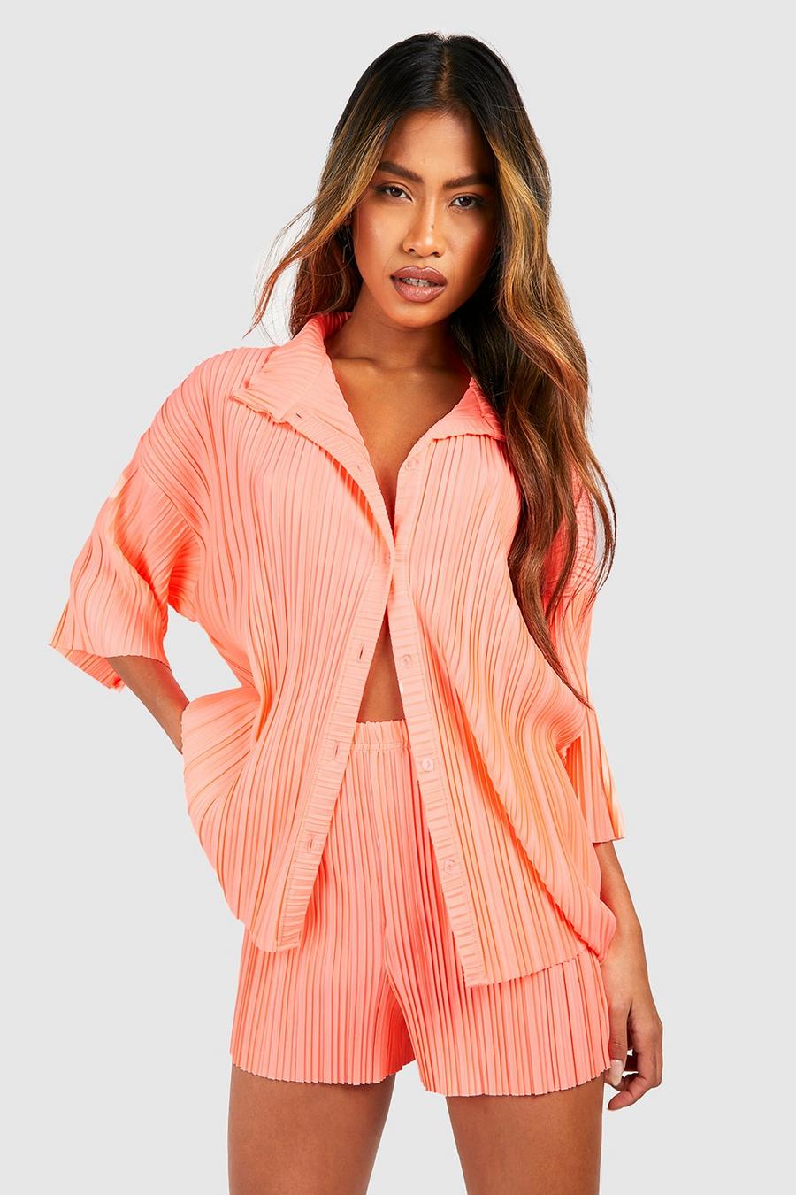 Neon-coral Neon Plisse Relaxed Fit Shirt