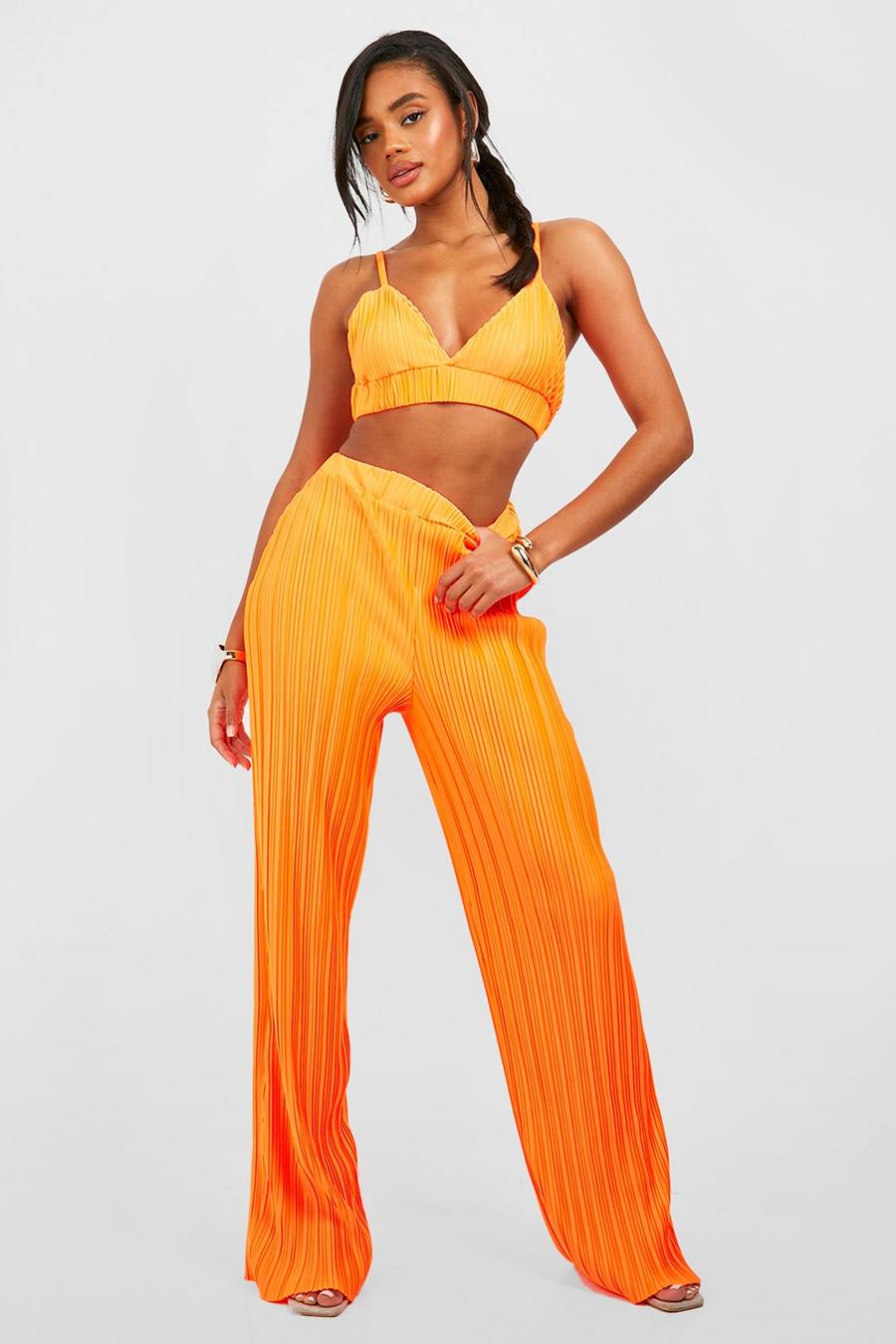 Neon-orange Neon Plisse Bralette & Wide Leg Trouser Set