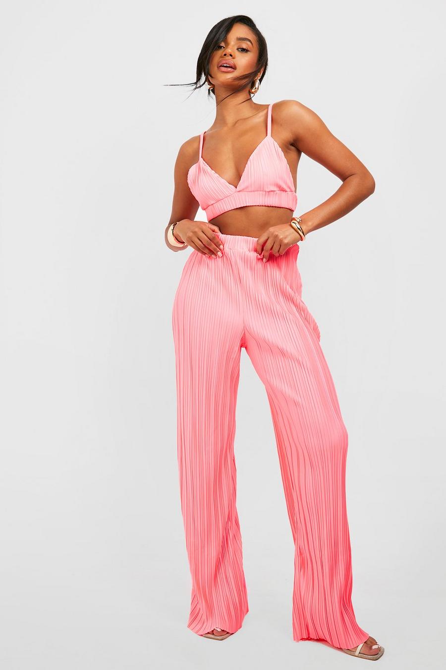 Conjunto de pantalón de pernera ancha y bralette plisado color fosforito, Neon-pink