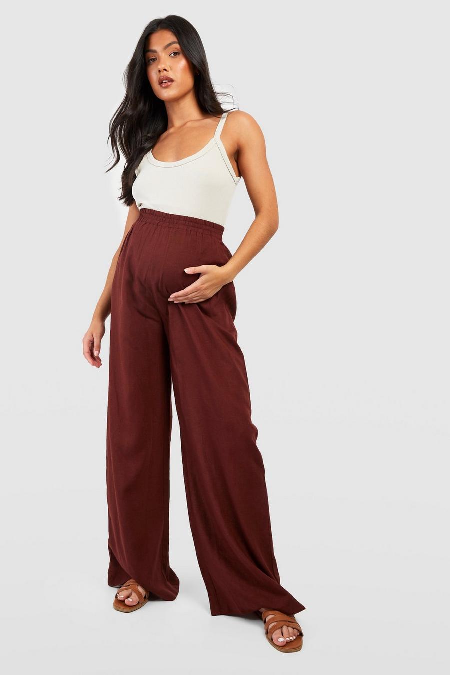 Brown Maternity Linen Drawstring Wide Leg Pants