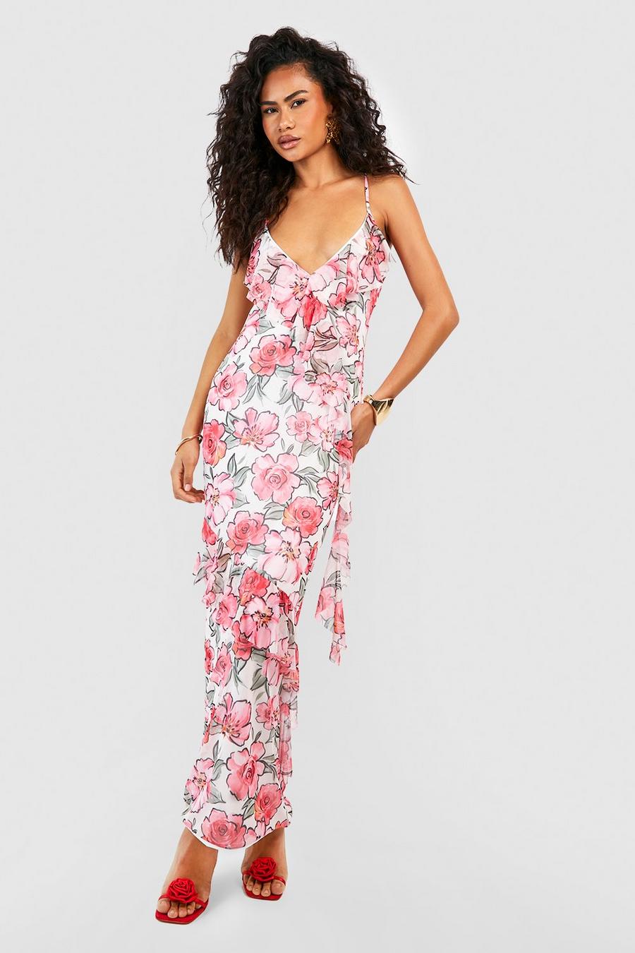 Vestito maxi in rete a fiori con arricciature, Pink image number 1