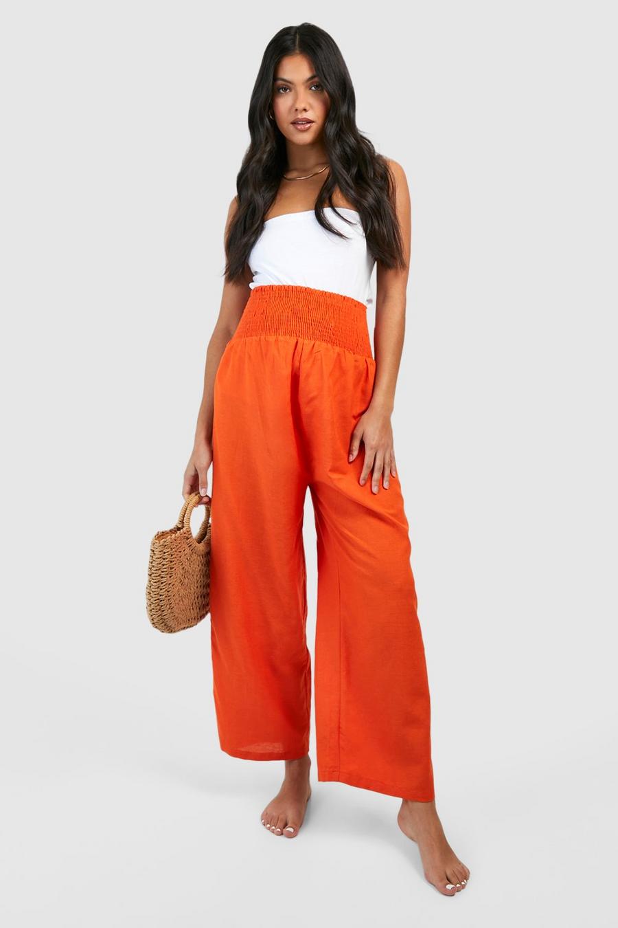 Pantaloni culottes Premaman in lino increspati in vita, Orange