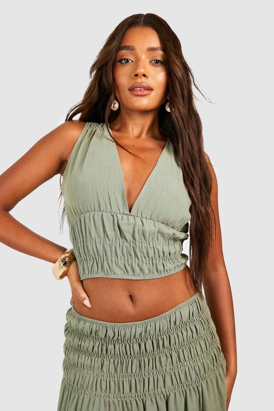 Washed khaki Linen Look Wide Set Strap Top