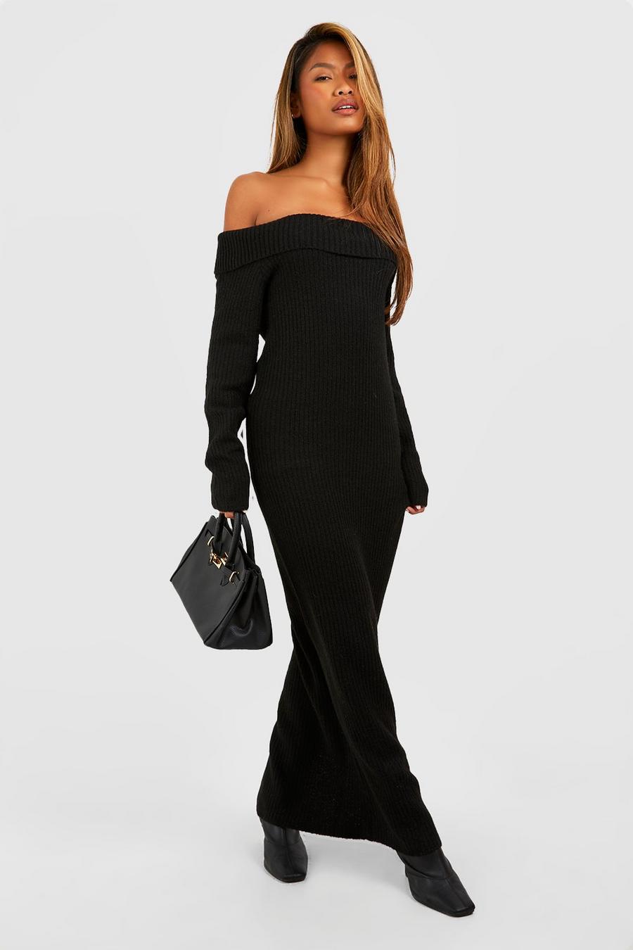 Black Mjuk stickad långklänning i bardotmodell