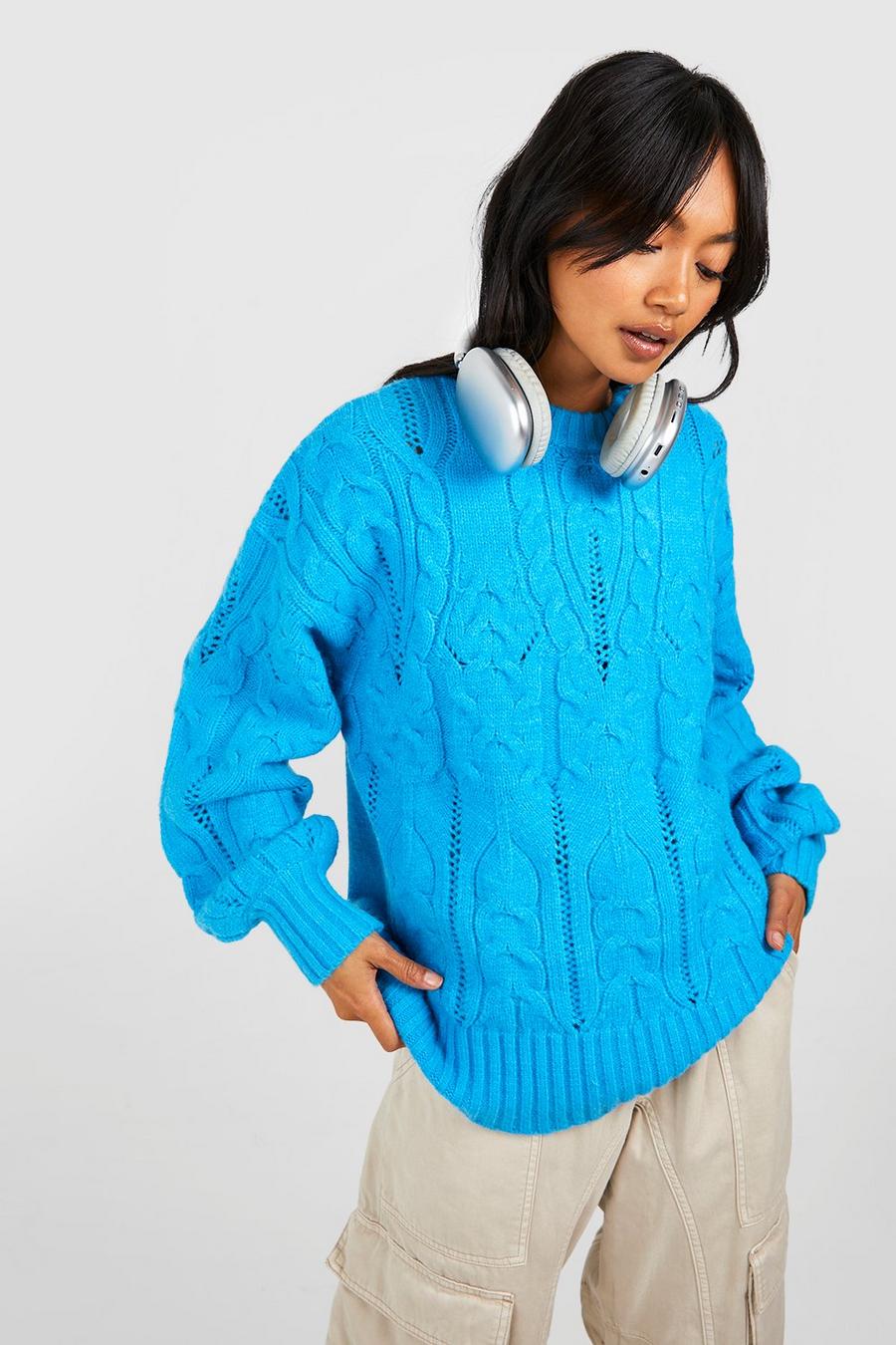 Blue Chunky Cable Knit Jumper image number 1