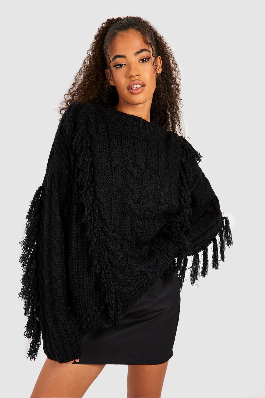 Maglione in maglia intrecciata spessa con nappe, Black