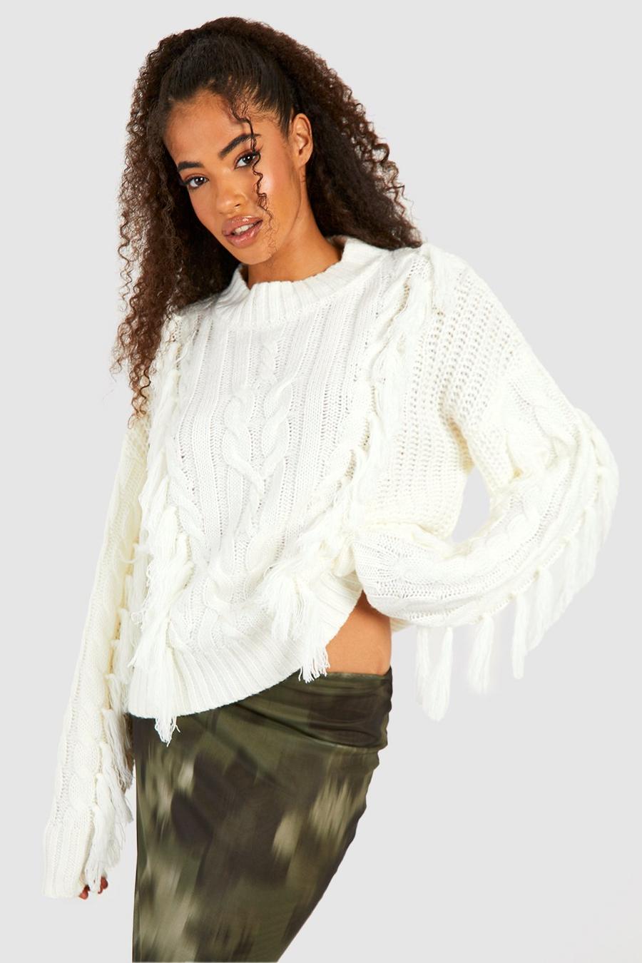 Maglione in maglia intrecciata spessa con nappe, Ivory