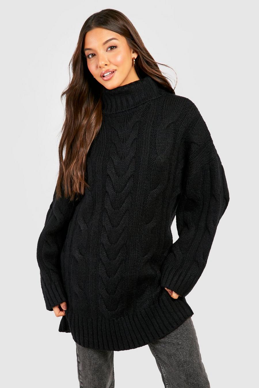 Black Chunky Cable Knit Turtleneck Oversized Sweater image number 1